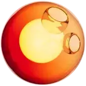 Bocci 28 pendant light, red glass, features three illuminated orbs within a spherical translucent shell, emitting warm yellow and amber tones.